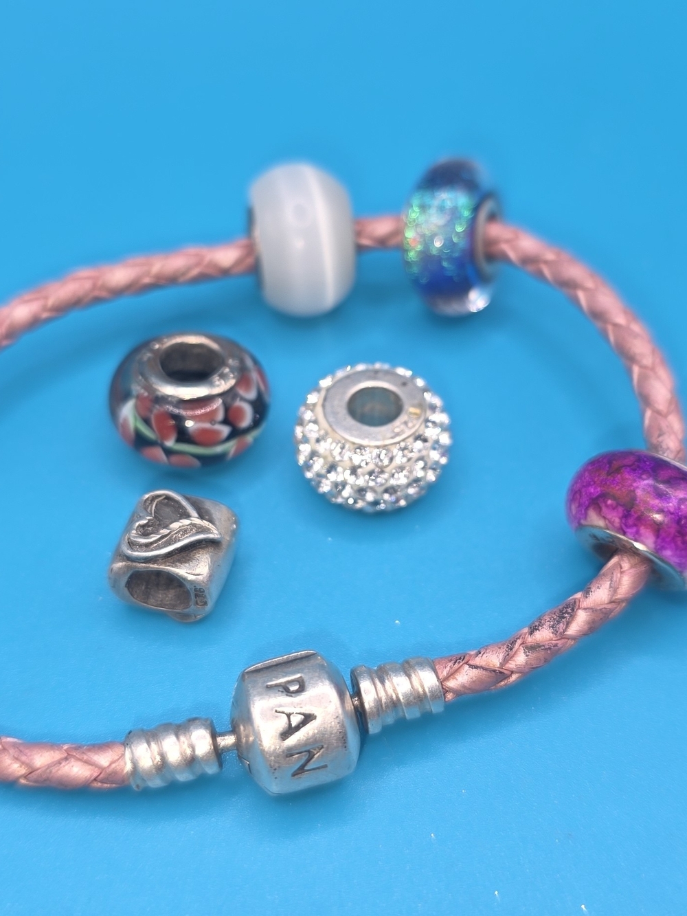 Pandora Pink Braided Leather Charm Bracelet with Mixed Murano and Crystal Charms